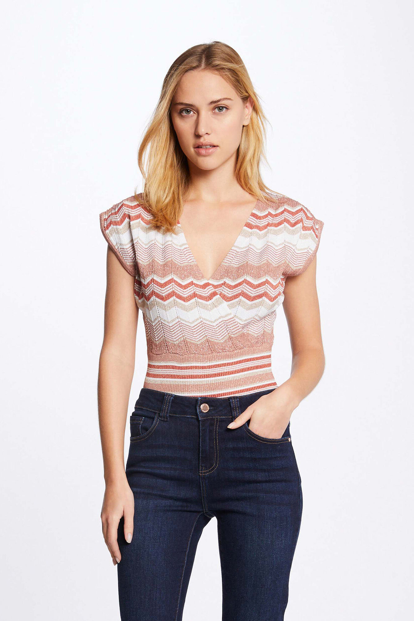 Camisa de manga curta com estampa chevron - Estampa branca