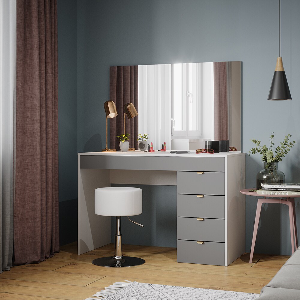 Vicco Schminktisch Elise Weiß Grau 115 x 76 cm modern Frisiertisch Schubladen Spiegel Hocker
