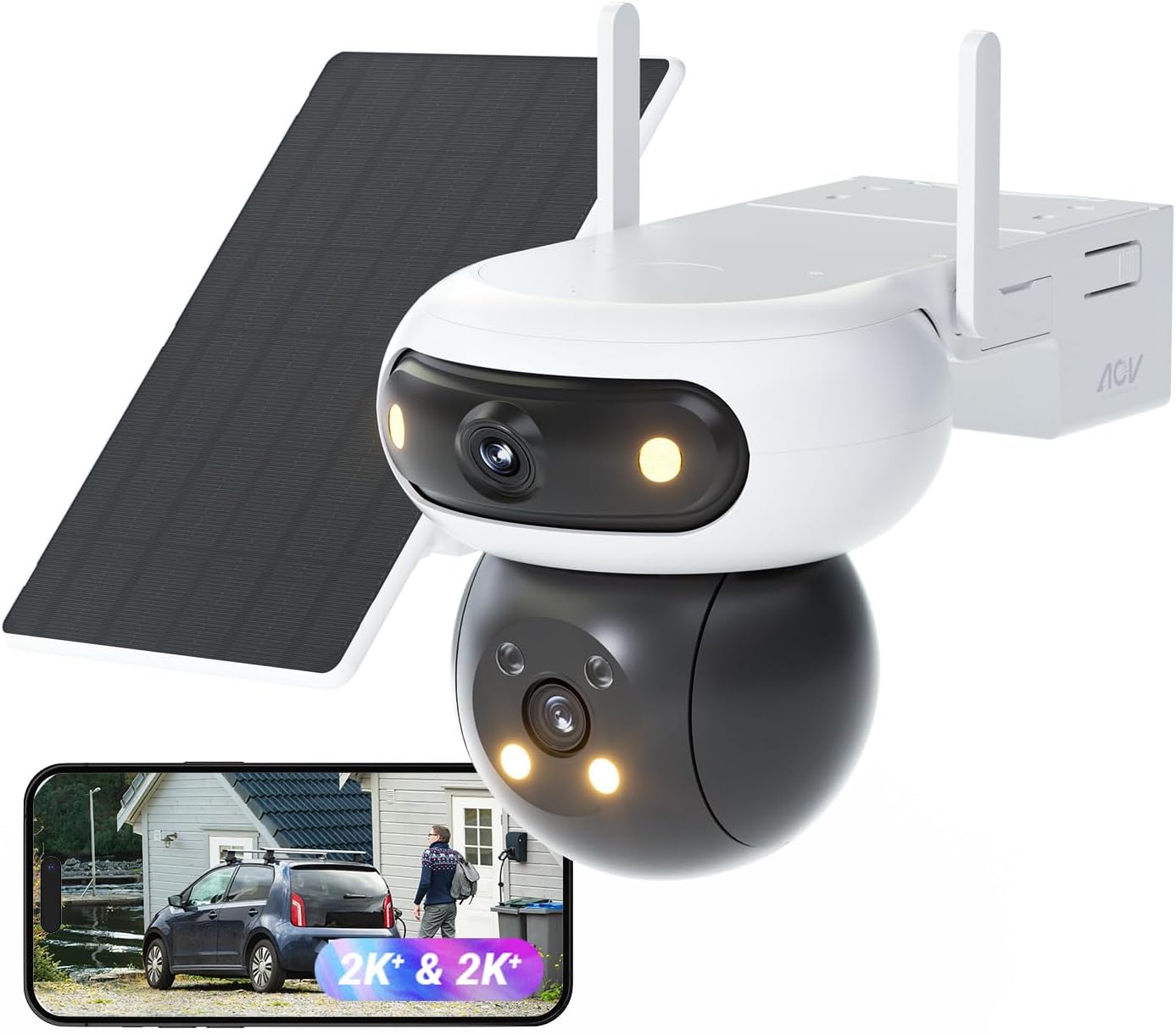 EZVIZ 4MP+4MP WLAN Überwachungskamera Aussen Akku Solar, Pan&Tilt Dual-Objektiv, 10400mAh Batterie, Auto-Tracking, Farbnachtsicht, Personen-/Fahrzeugerkennung, 2-Wege-Audio, CB90 Dual + 8W Solarpanel