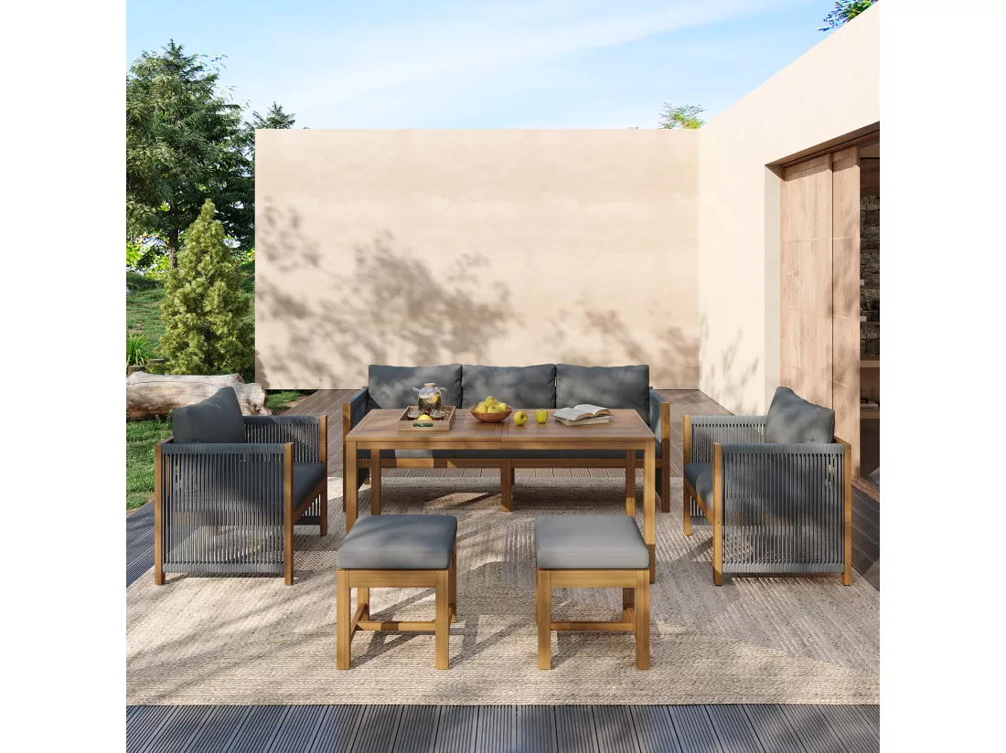 Salon de jardin modulable acier galvanisé 7 places- canapé 3 places et 2 canapé simples + table bass et 2 tabourets - gris