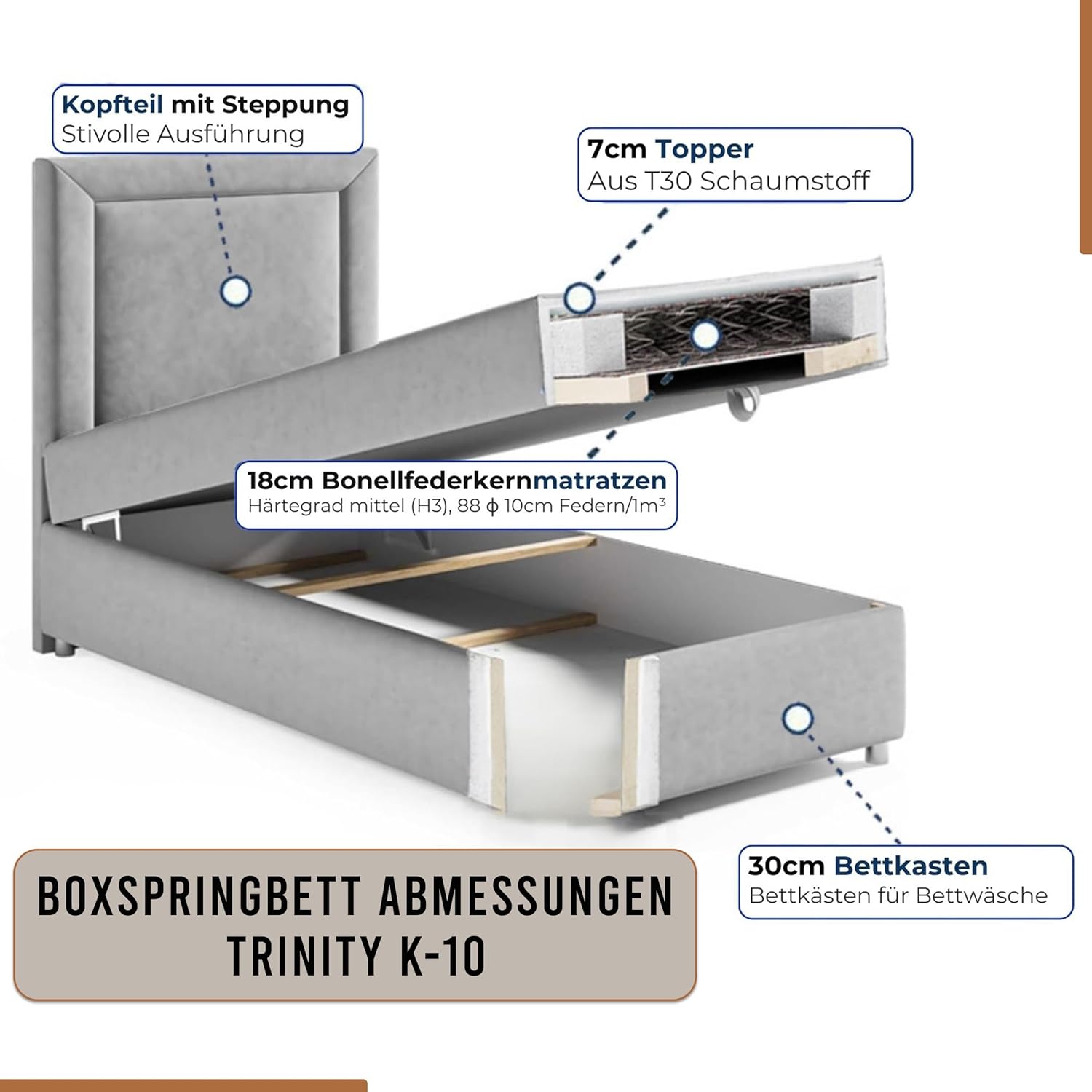 Trinity K10 EinzelBett | Boxspringbett mit Bonell Federkernmatratze 90x200 | MatratzenTopper 90x200 | Bett mit Matratze | Bett mit Stauraum