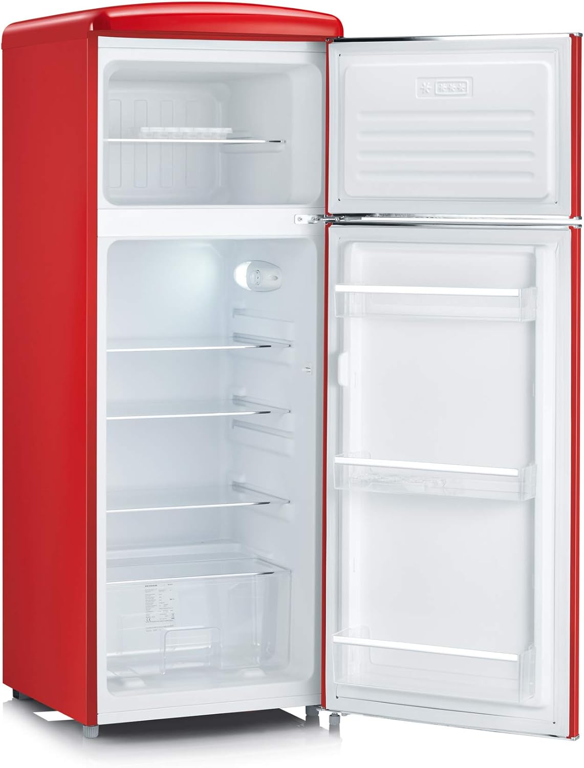 SEVERIN Retro - Kühl-/ Gefrierkombination, platzsparendes Raumwunder, 4 x höhenverstellbare Abstellflächen und eine große Veggiebox, 206 L Nutzinhalt, rot, RKG 8930