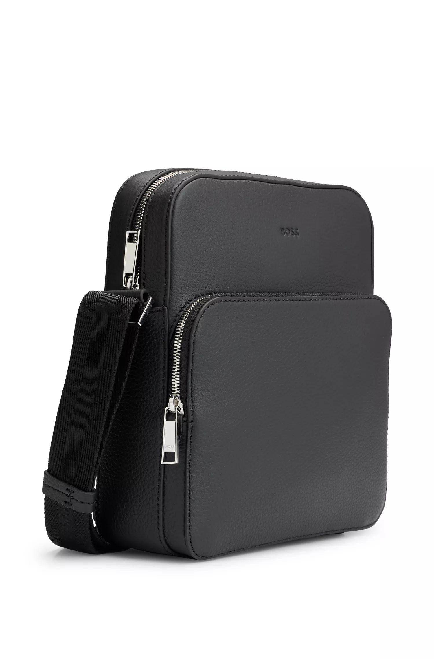 Bolsa BOSS Black-Reporter em couro italiano granulado com logotipo em relevo.