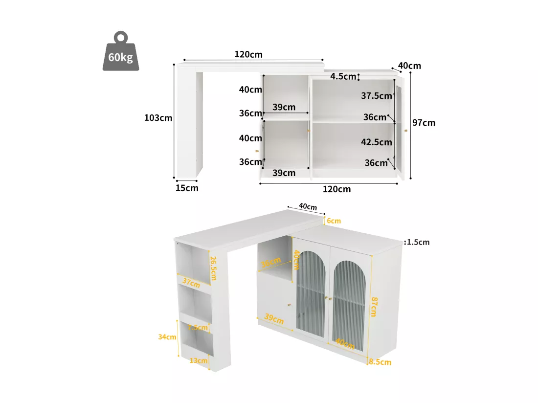 Buffet、Meuble de bar rotatif en MDF - grand espace de rangement - style contemporain - Blanc
