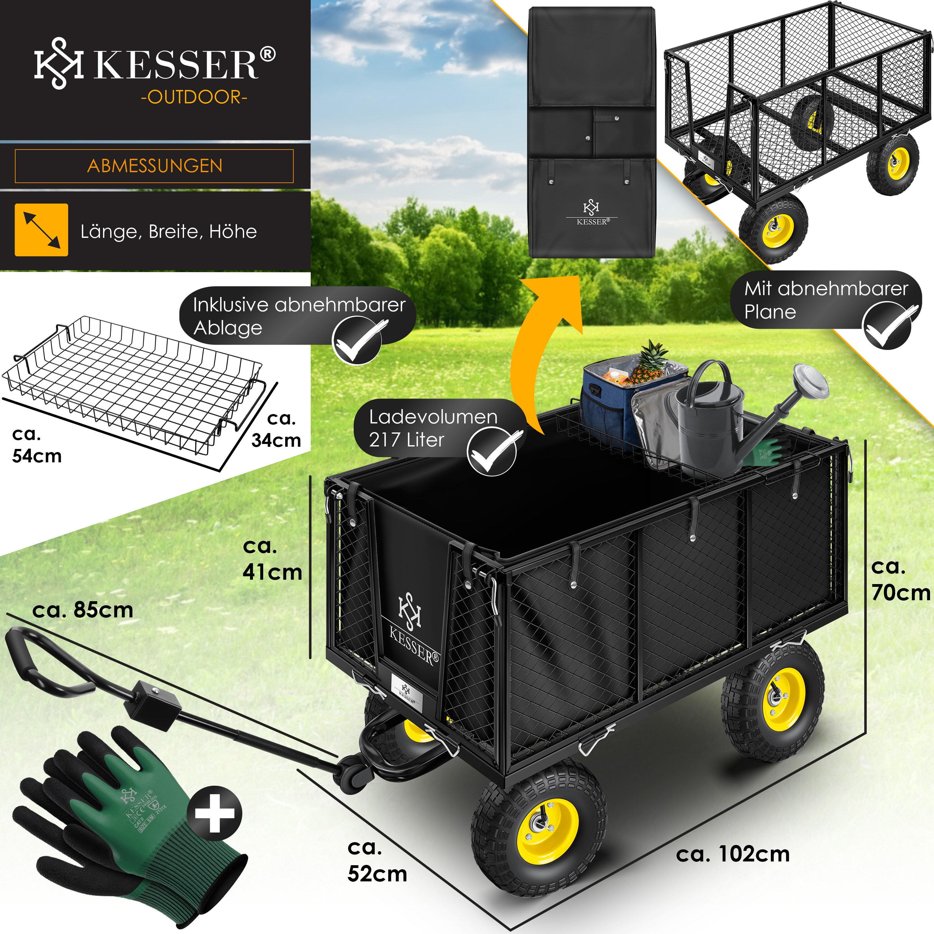 KESSER® Bollerwagen 550kg belastbar Gartenwagen Transportwagen Gartenkarre herausnehmbare Plane Gerätewagen Handwagen vielseitig einsetzbar inkl. Handschuhe