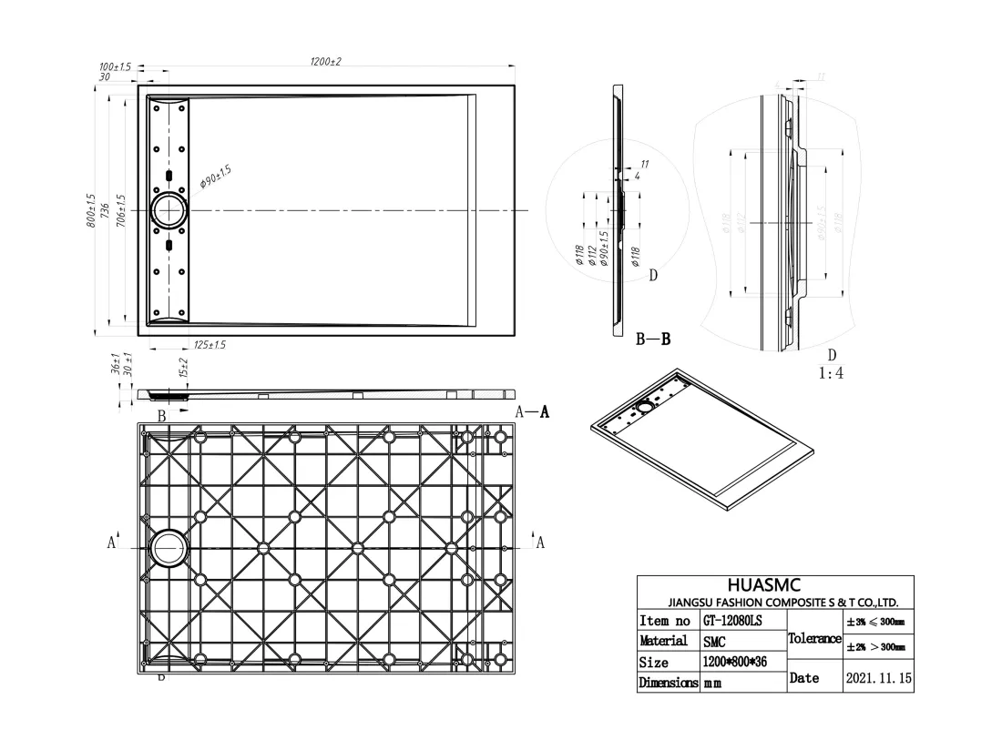 Receveur extra-plat à poser ou à encastrer découpable en résine SMC avec siphon - Noir - 120 x 80 cm - MIRNOSA