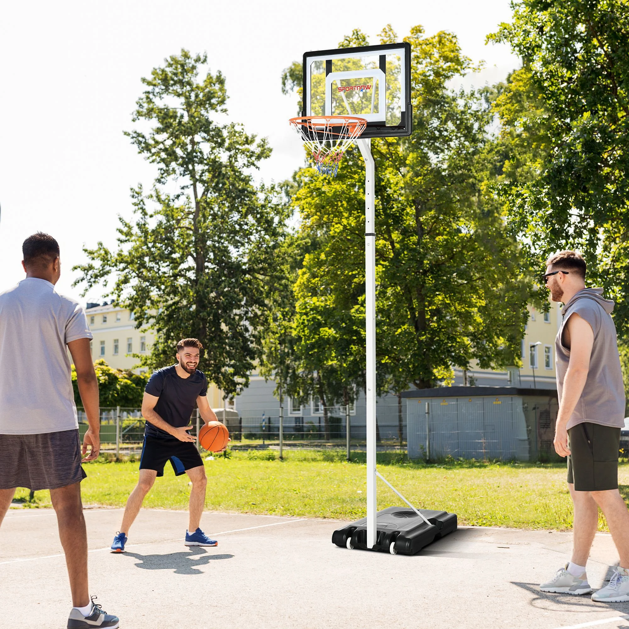 Cesta de basquete branca SPORTNOW com rodas e altura ajustável para jardim.