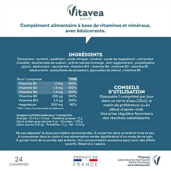 Vitavea Magnésio Vitaminas B1, B2, B6 Relaxamento 24 comprimidos efervescentes