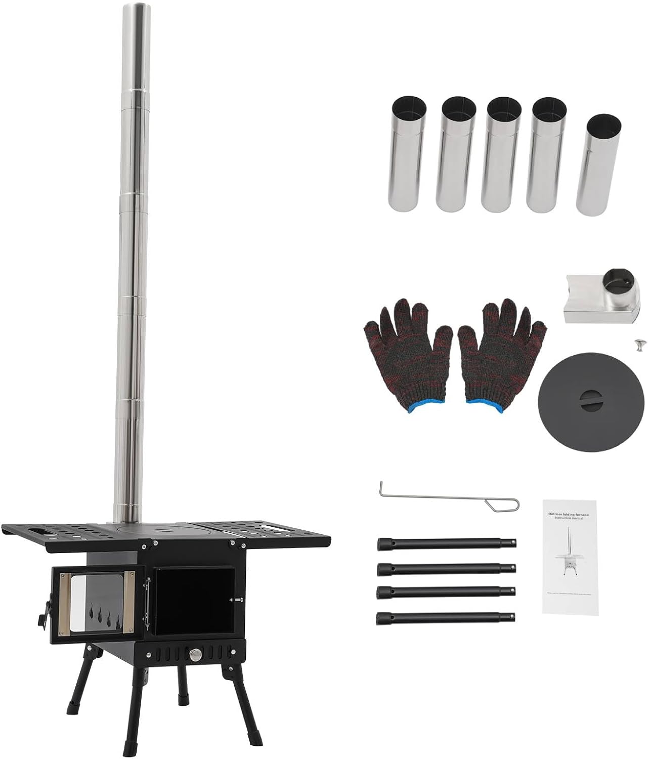 Camping Holzofen, Faltbarer Zelt Holz Brennofen, Tragbarer Heißer Zeltofen mit Rohr und Handschuhen, Zeltheizung Campingofen für Outdoor Heizung & Kochen, Eisfischen, Schwarz