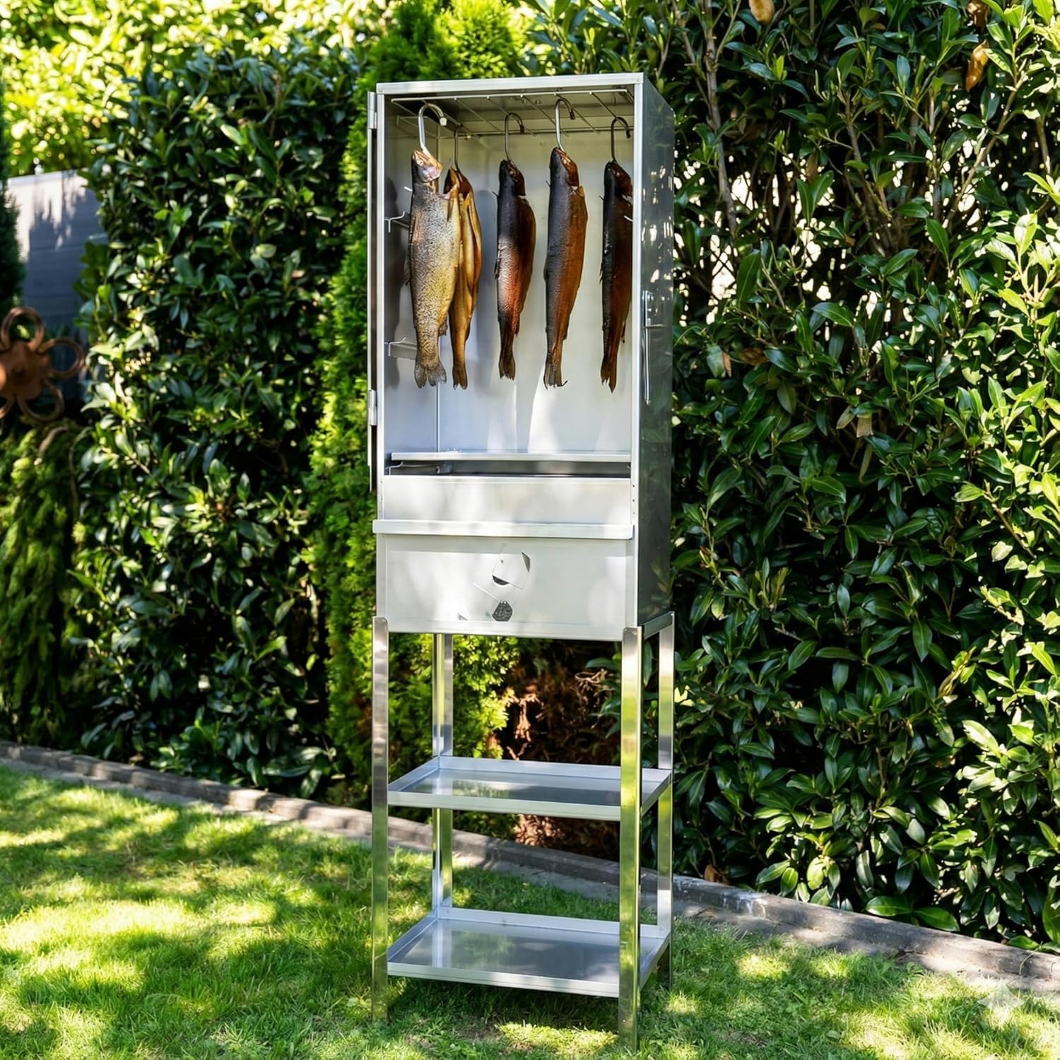 Räucherofen Edelstahl OCTO 80x40x27 cm mit 250°C Thermometer, Flachrost, Tropfblech, Räuchermehlschale & 500 g Räuchermehl – stufenlose Lüftung (Art.-Nr. 10128)