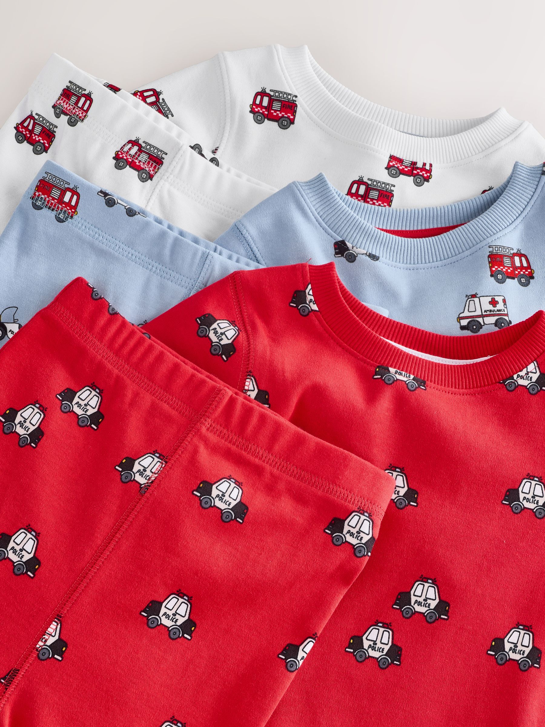 Donkerrood/blauw met hulpverleningsvoertuig - Mini Knusse Pyjama's 3 Set (9mnd-10jr)