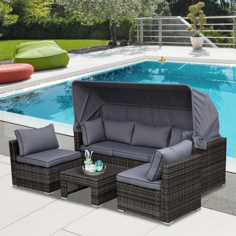 Outsunny Polyrattan Lounge-Set mit Sonnendach, Kissen und Beistelltisch grau