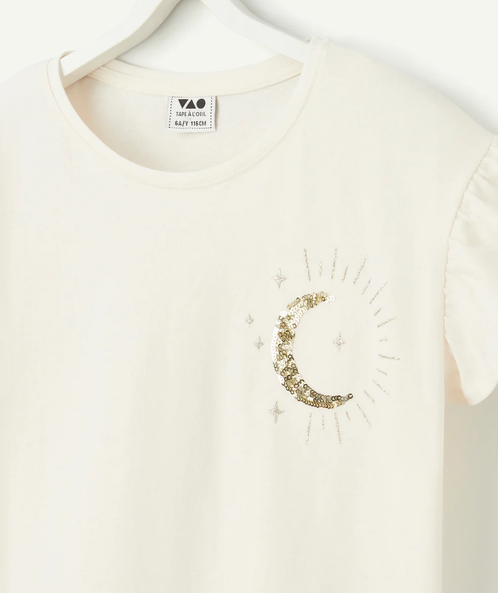 t-shirt manches courtes fille en coton bio écru avec motif lune et étoiles en sequins