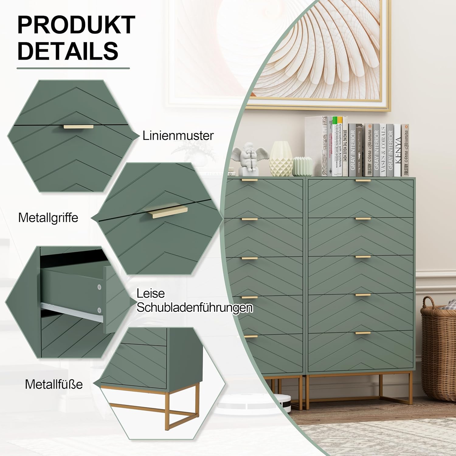 UEV Kommode mit 5 Schubladen Schrank Holz mit Kippsicherung Metallfuß Highboard Sideboard Schmal kommode Beistellschrank für Wohnzimmer Schlafzimmer,Flur 60x34x110cm (grün)
