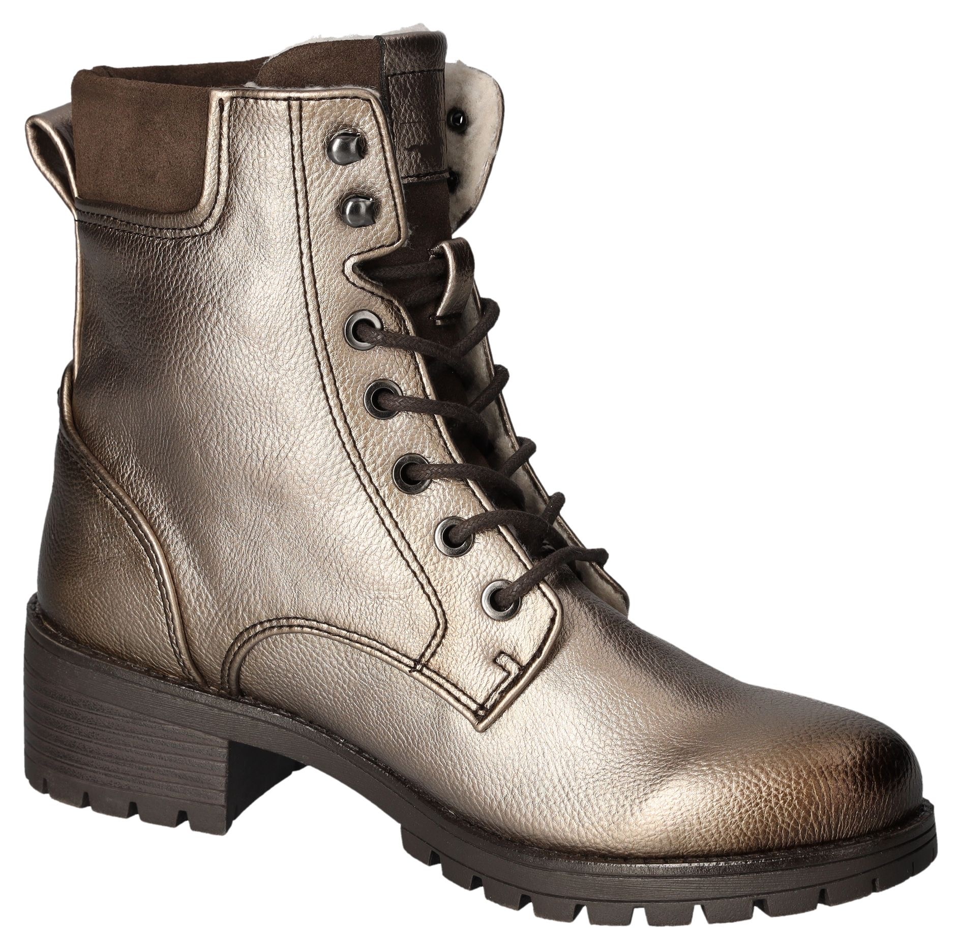 Mustang Shoes Schnürboots  , Schnürstiefelette, Blockabsatz, in Metallic-Optik, schmale Form