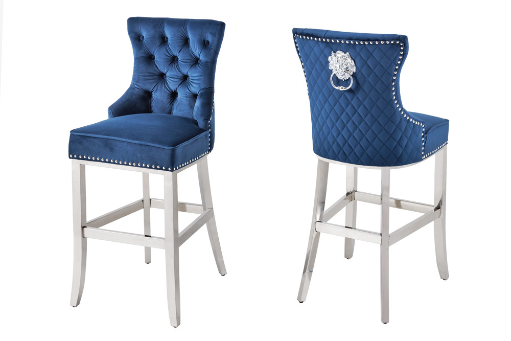 Design Barhocker CASTLE DELUXE royalblau Samt silber Edelstahl mit Lehne Chesterfield