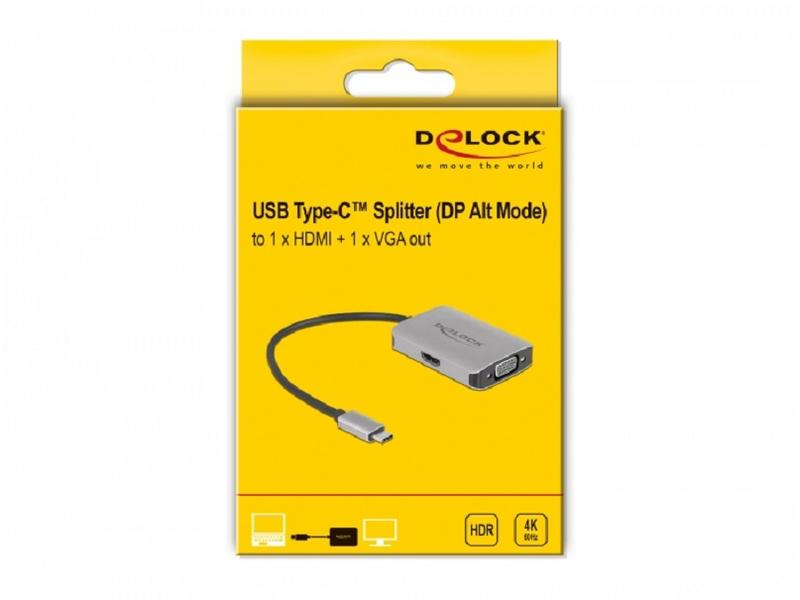 Delock 2-Port Signalsplitter USB Typ-C zu HDMI/VGA Delock USB Type-C Splitter (DP Alt Mode) > 1 x HDMI   1 x VGA out