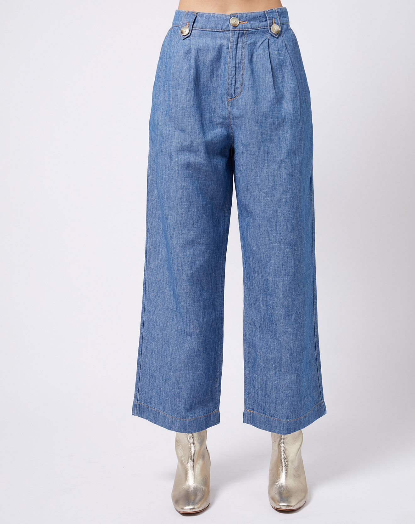 Esprit Pantalon fluide en Coton & Lin bleu moyen