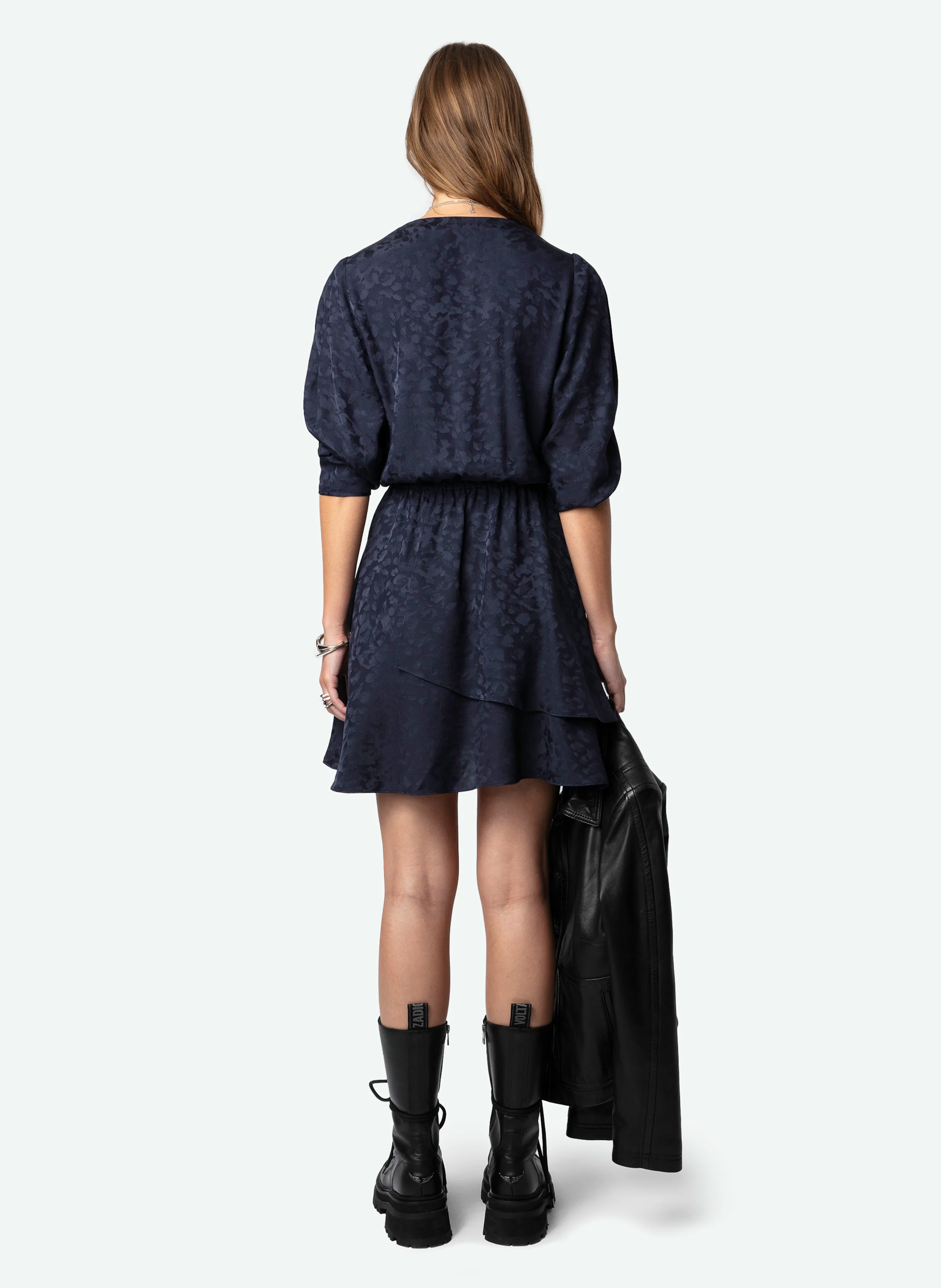 ROGERS - Robe courte col V en soie imprimé | Bleu