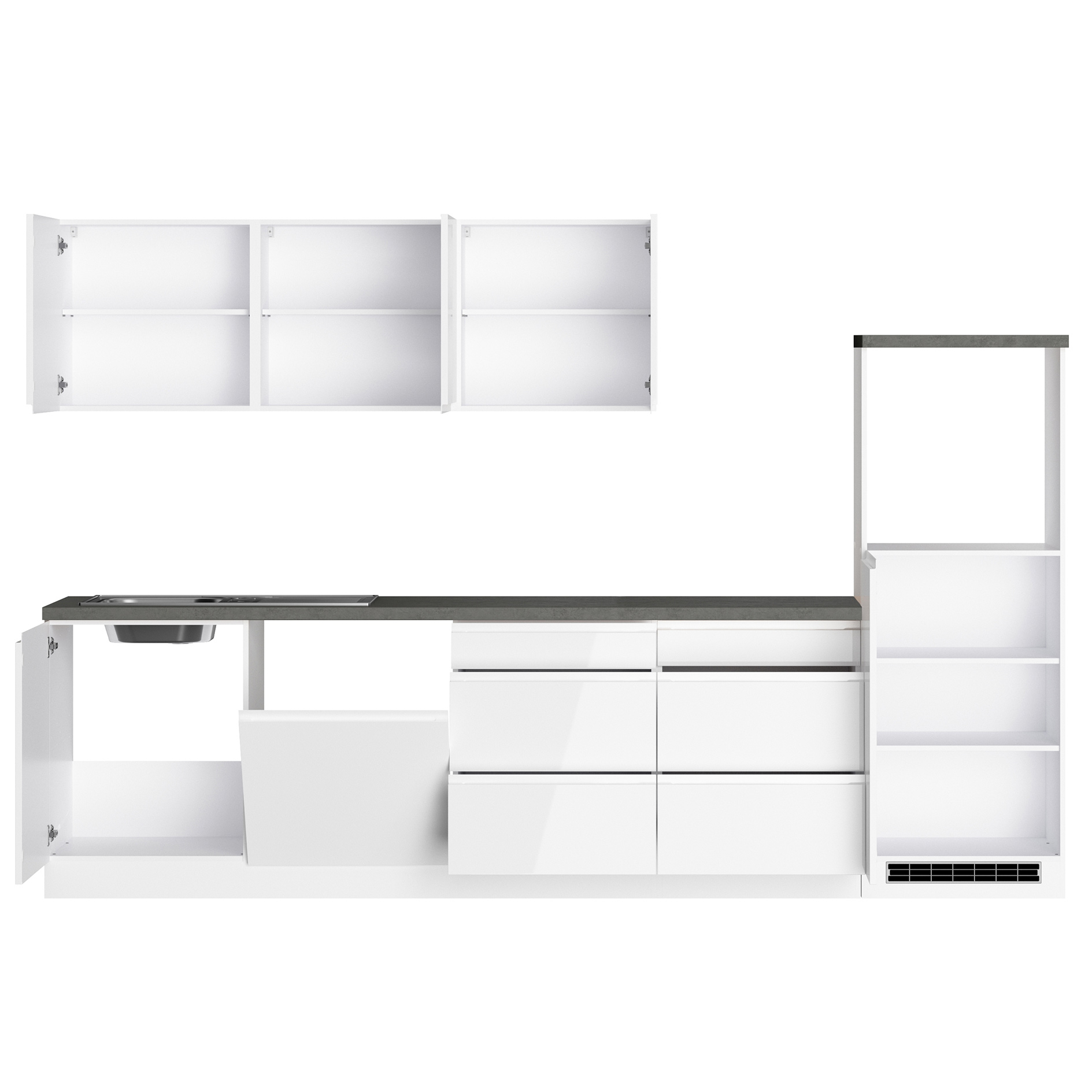 Küchenzeile MONZA - weiß Hochglanz - Beton-Optik - 300 cm