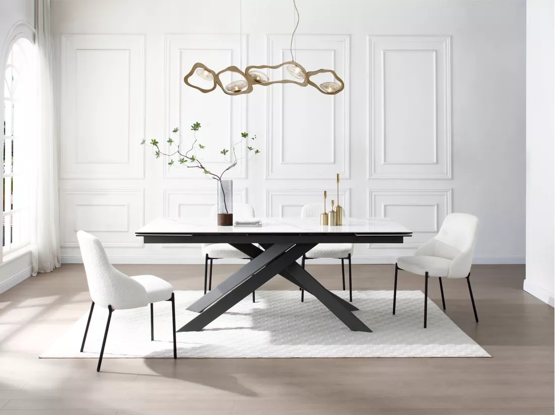 Table à manger extensible 8 à 12 personnes en céramique, verre trempé et métal - Effet marbre blanc et anthracite - COREMA de Maison Céphy