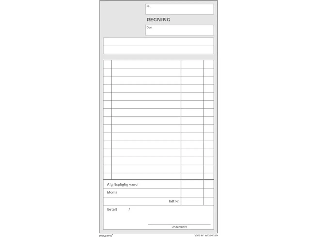 Regningsblok med afgift - 126x200 mm 2x50 blade