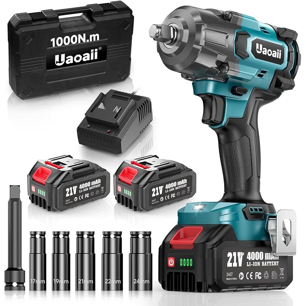 Uaoaii Clé à Chocs sans fil Brushless 1000 Nm Boulonneuse à Choc Électrique Batterie 4000mAh Adaptateur Visseuse à Chocs 5 Douilles incluses Puissance et Facilité pour Boulonner et Déboulonner : Bricolage