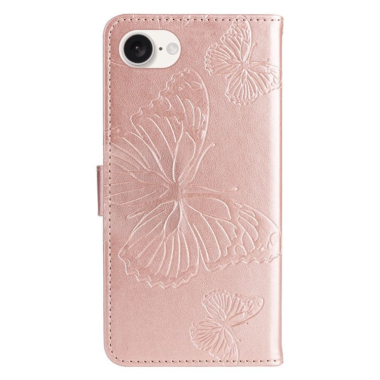 iPhone 16e Leder Tasche mit Kartenfach   Handschlaufe Schmetterling - Roségold