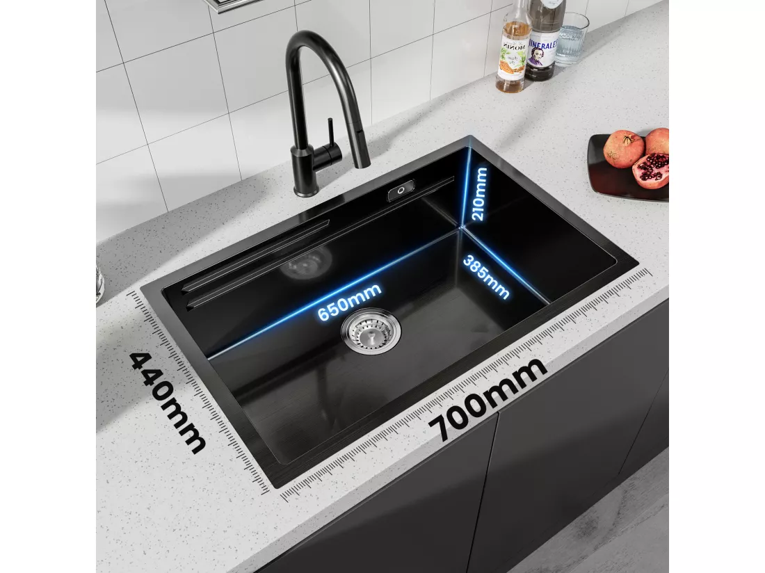 Cecipa MAX Évier Cuisine 1 Bac 70×44×21CM Évier à Encastrer Noir avec Egouttoir et Vasque
