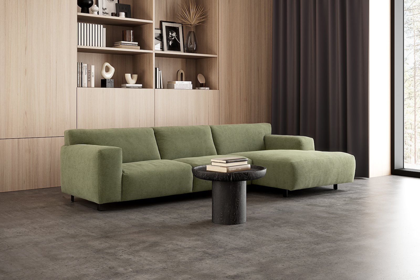 Vesta 2,5-seter med sjeselong høyre I Tekstil Velvety Green, standardsøm, sort metallben 10 cm, Comfort CM