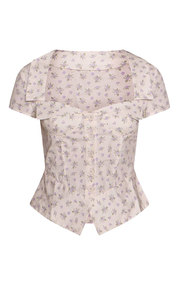 Blanc Chemise À Manches Courtes À Col Rabattu Boutonnée À Petites Fleurs Ditsy