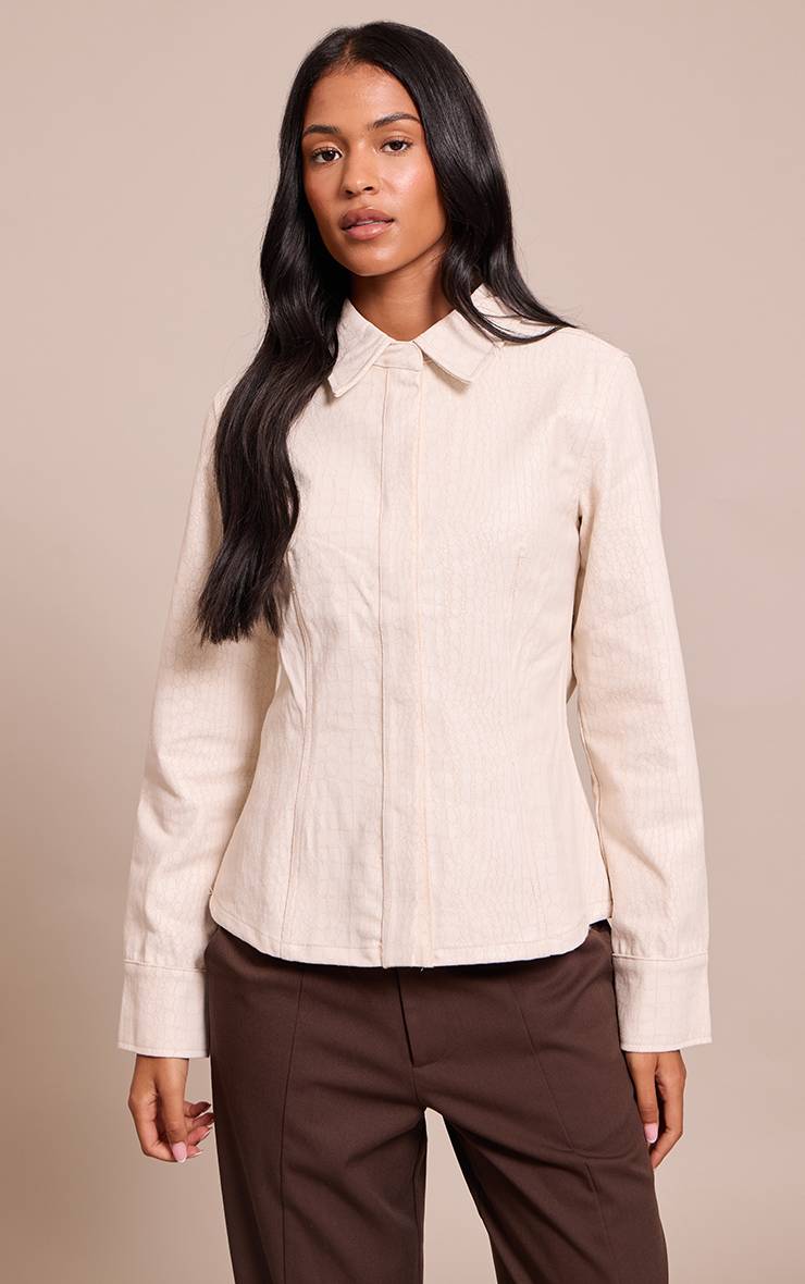Crème Chemise En Denim Enduit Imprimé Synthétique Cintré Coupe Tall