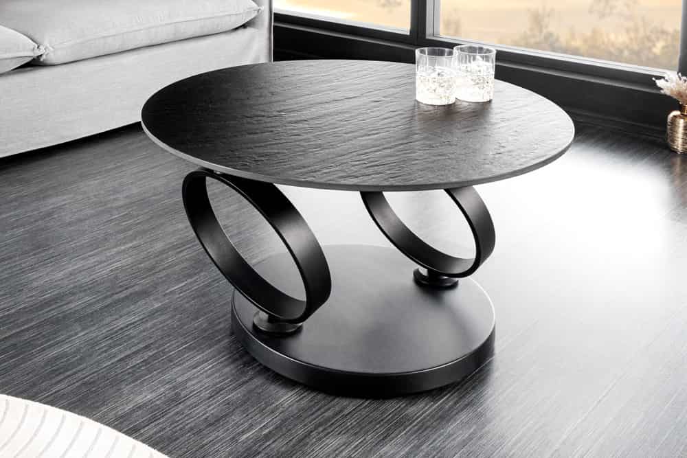 Design Couchtisch DANCING RINGS schwarz grau rund drehbar Keramik Metall
