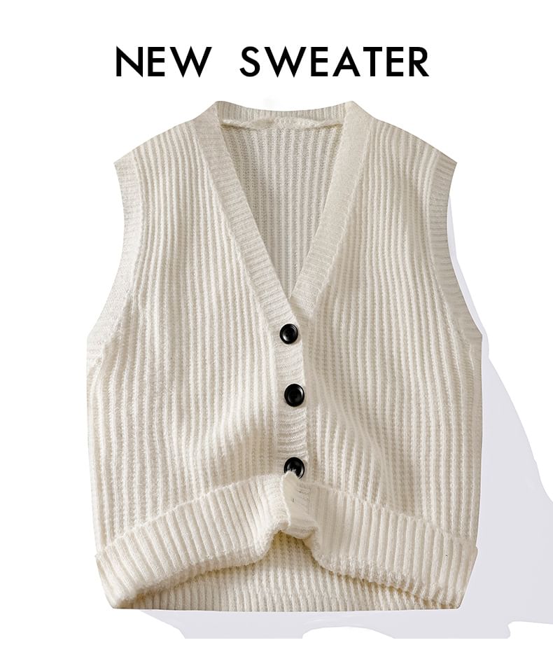 Soulcity - V-hals geribbeld vest met knoopjes en effen patroon
