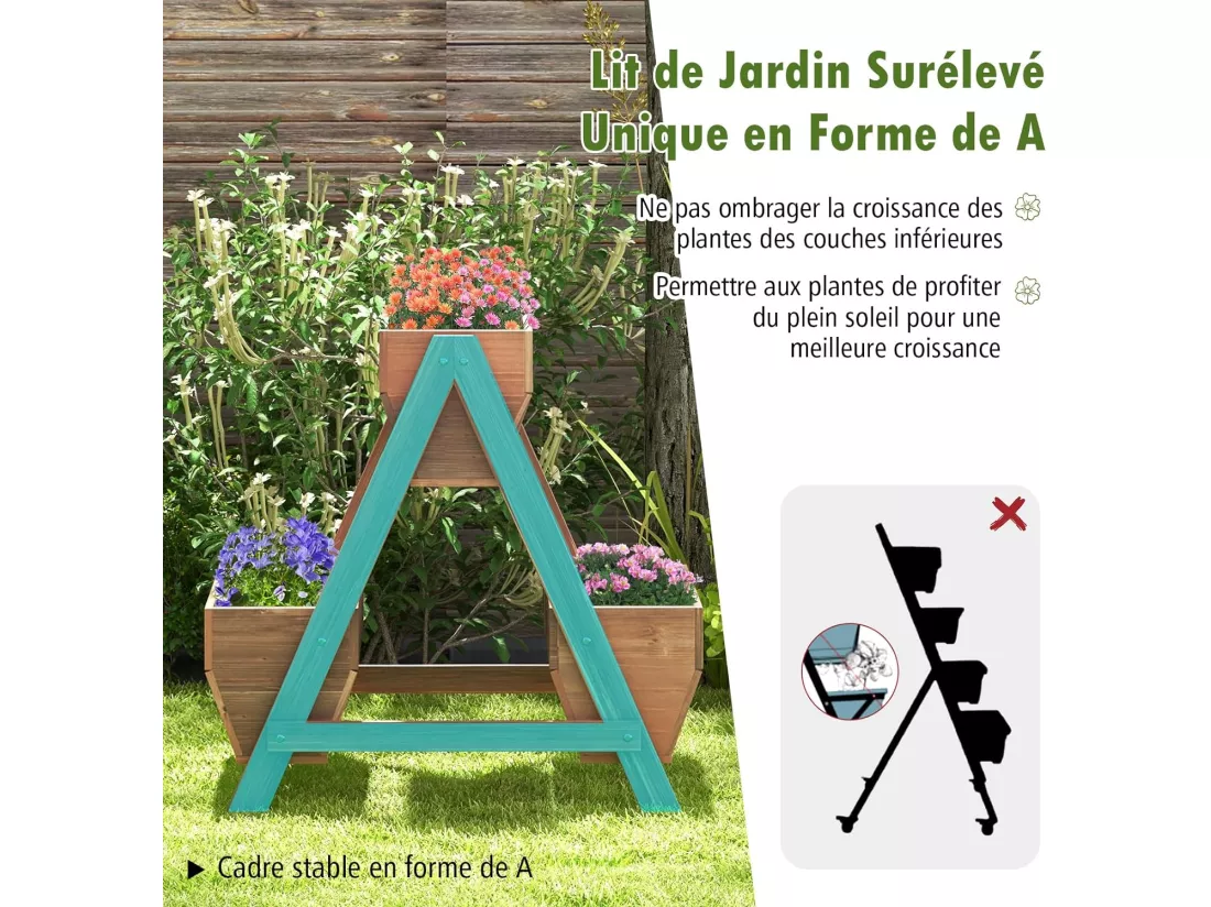Jardinière Surélevée Verticale en Bois, Lit de Jardin à 2 Niveaux avec 3 Bacs à Plantes Charge 30KG Trous de Drainage, pour Fruits Fleurs Légumes, Marron 66 x 73 x 73 cm