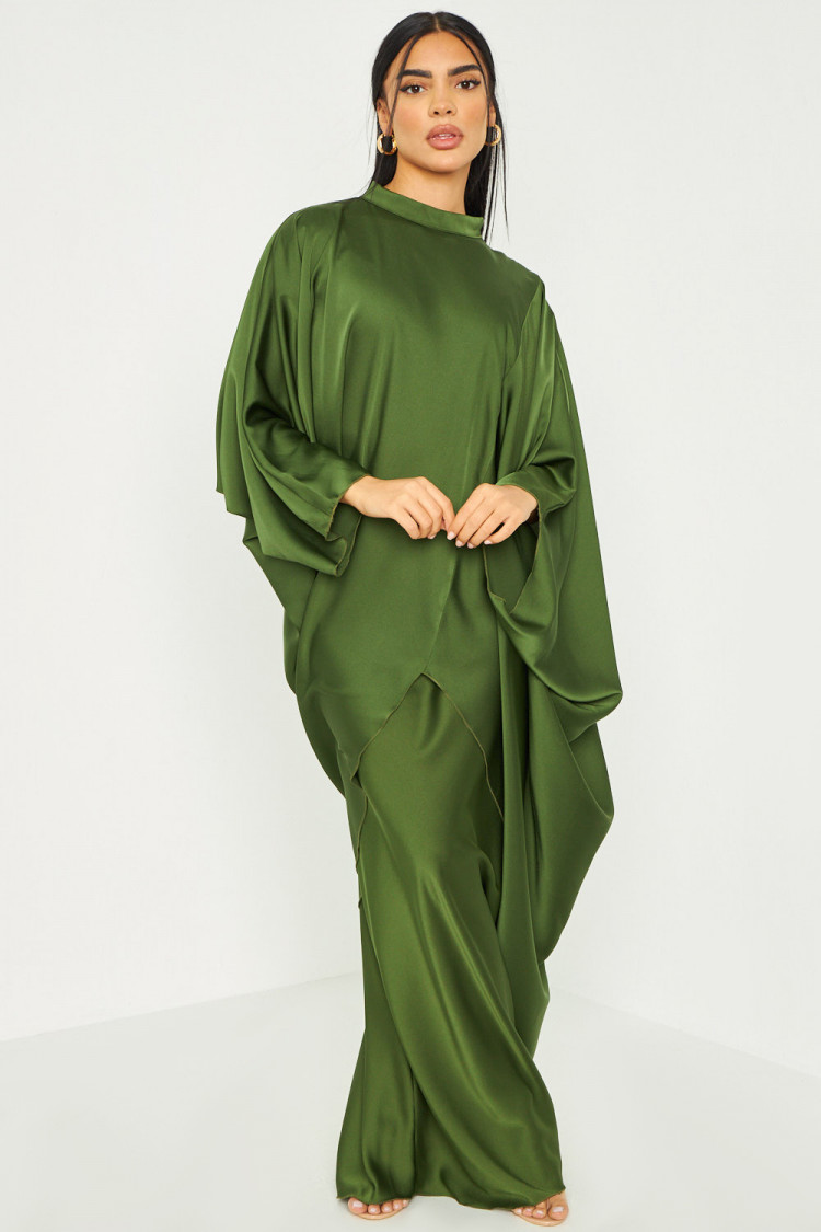 Ensemble 2 pièces tunique + jupe longue satiné kaki