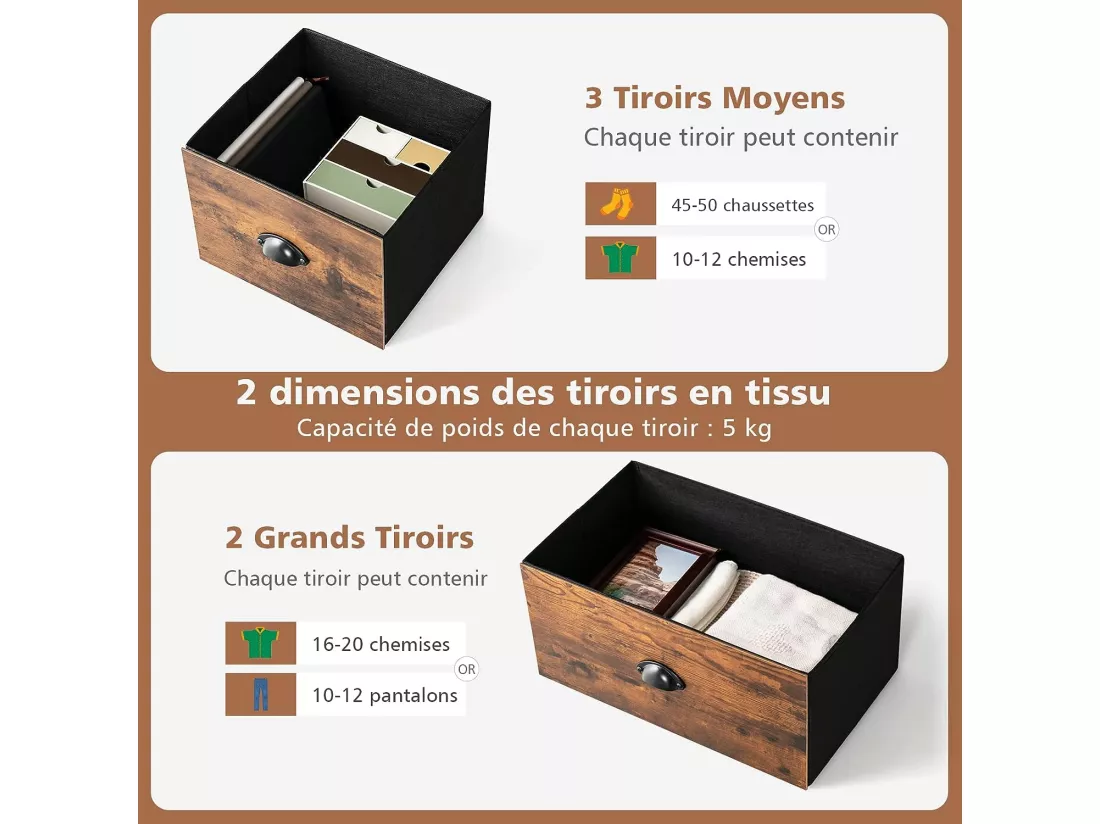 Commode Meuble de Rangement avec 5 Tiroirs Non-Tissés 100 x 30 x 54 cm Cadre en Métal Surface en MDF Marron Rustique&Noir