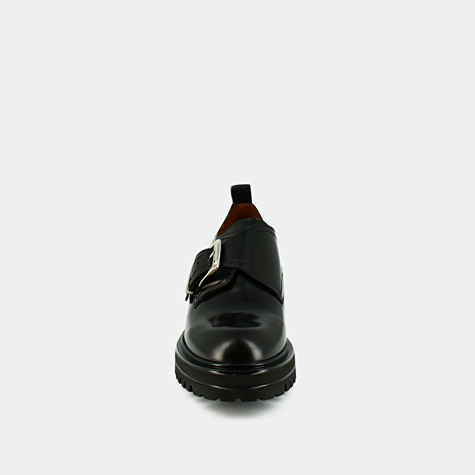 Derbies à boucles et semelles crantées  en cuir glacé noir