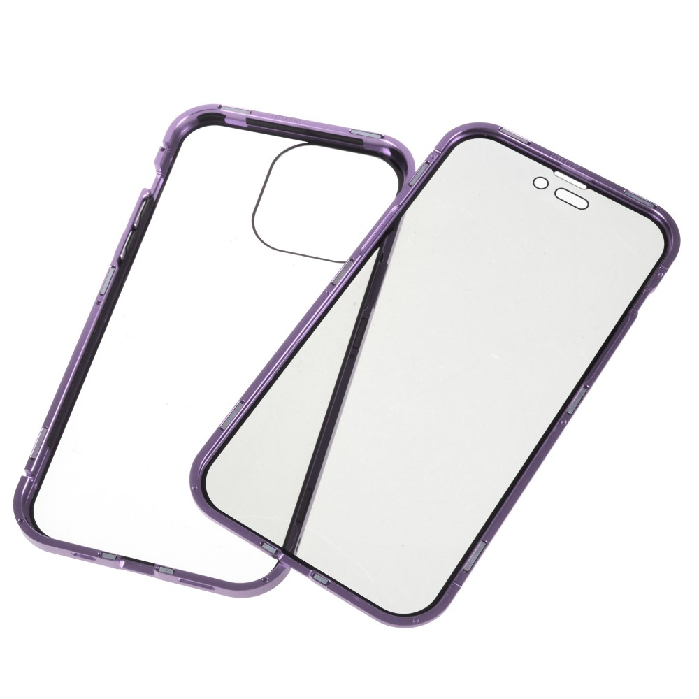iPhone 14 Pro Magnetische Alu Schutzhülle mit Panzer Glas Backcover   Privacy Glas Displayschutz (Magnet-Technologie) - Violett