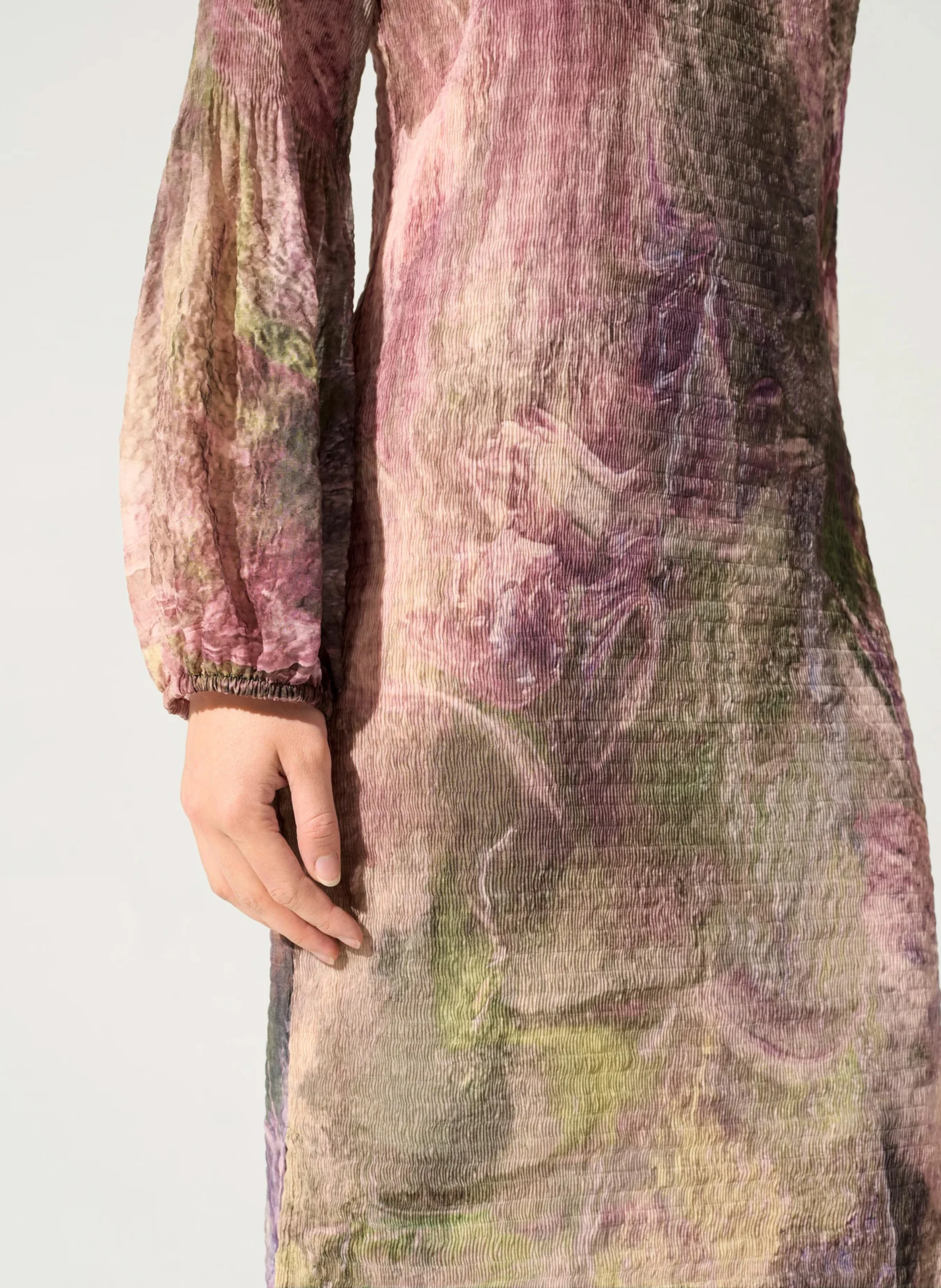 Robe midi col rond fendue à imprimé| Rose