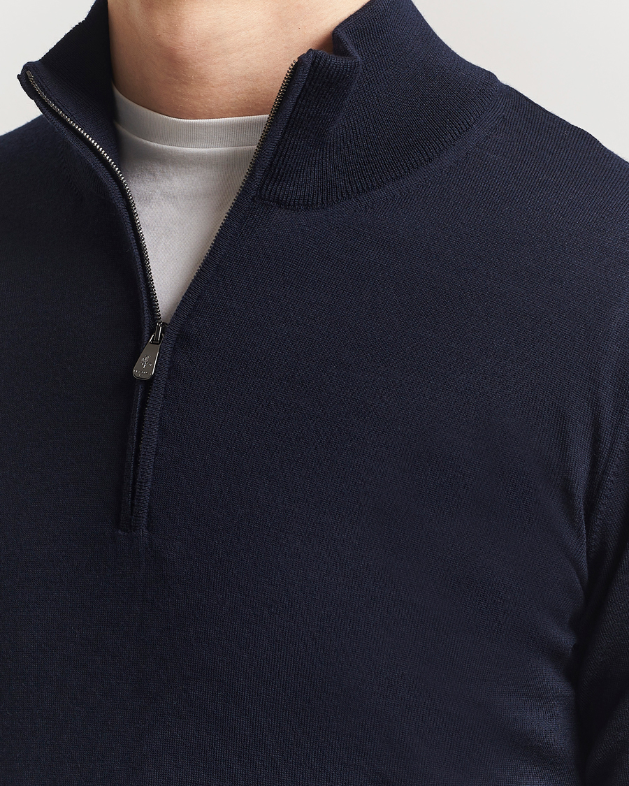 Piacenza Cashmere Merino Wool Crew Neck Half Zip Navy