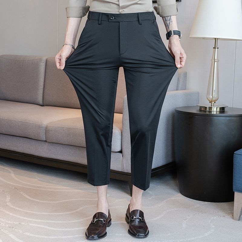 Blueforce - Mid Rise Plain Cropped Tapered Dress Pants