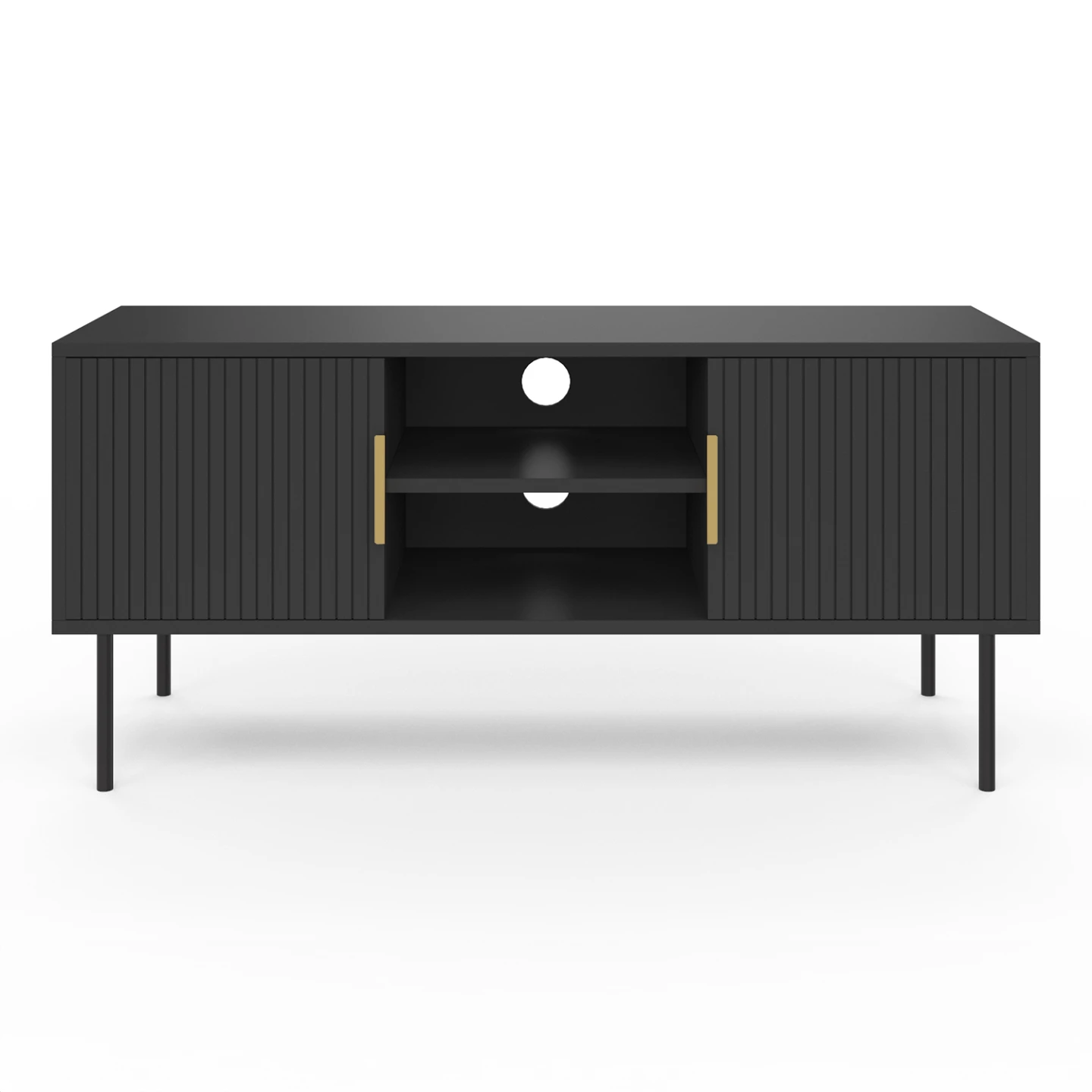 Meuble TV 110 cm MARCEL 2 portes lattes tasseau bois noir