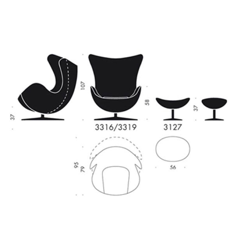 Fritz Hansen Egg Foot Stool voetenbank Grace Walnut, polished aluminium