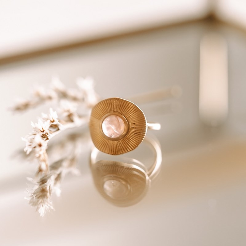 Bague Plaqué Or Tendance Pierre Precieuse Fine Quartz Rose
