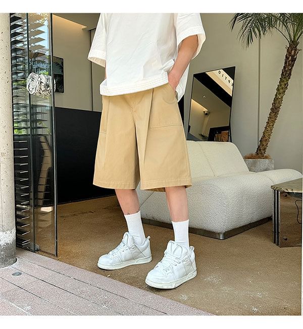 Omozando - Mid Rise Plain Capri Wide Leg Cargo Pants