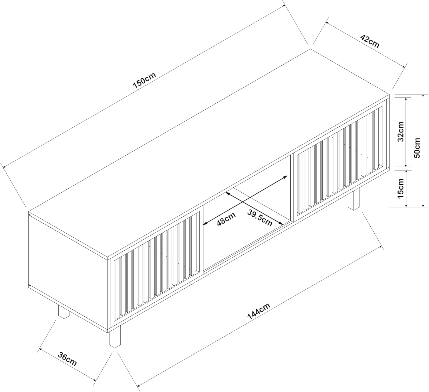 [en.casa] TV Schrank Ypäjä Lowboard mit 2 Schiebetüren und 3 Ablagefächern Fernsehschrank 150 x 42 x 50 cm TV Board TV Kommode Fernsehtisch Bambus Natur
