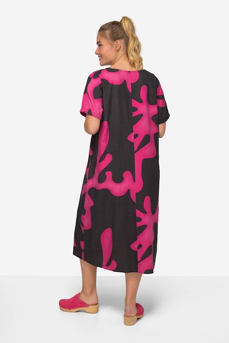 Leinenmix-Kleid, A-Line, Korallen, Rundhals, Halbarm