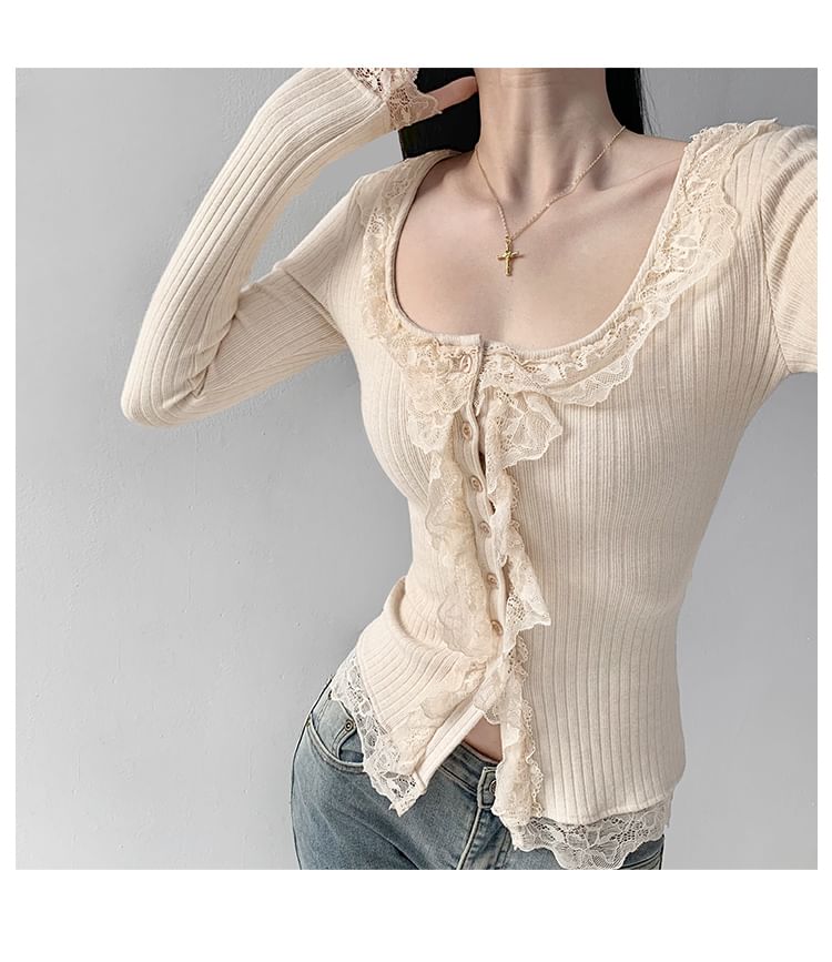 Shira - Geribbelde top met vierkante hals en kant in 6 kleuren