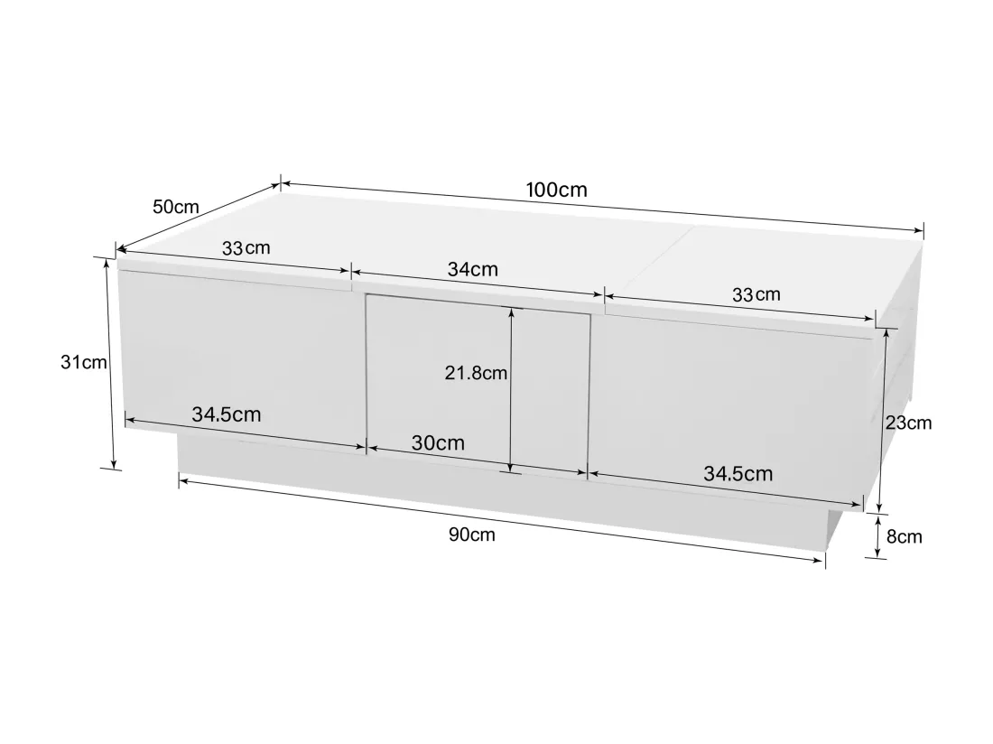 Table basse moderne en finition haute brillance avec rangement Push-Pull et tiroirs doubles – 100 x 50 x 31 cm